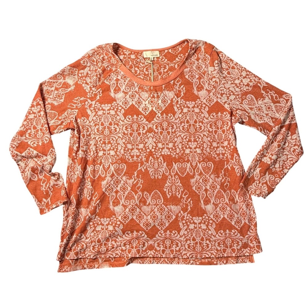 Dept 222 Dolce Vita Womens 2X Orange White Damask Waffle Knit Thermal Top NWT